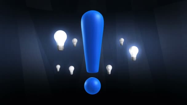 Varie lampadine si muovono intorno al punto esclamativo  . — Video Stock