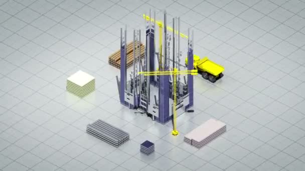 Bouw gebouw, bewegende kraan, drie dimensionale weergave animatie (inclusief Alpha) — Stockvideo