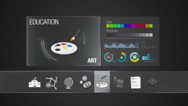 Művészeti tárgy ikon az oktatás tartalma. Digitális bemutatás alkalmazás. Oktatás ikonkészlet animáció,(included Alpha) — Stock videók