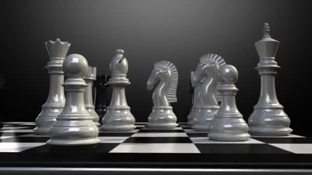 Put the king on a chessboard, and chess piece fall down animation. — Stock Video