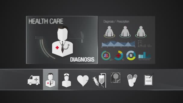Diagnos ikon för vård innehåll. Teknik sjukvård. Program för digital visning. — Stockvideo