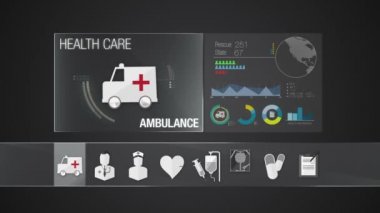 Sağlık hizmetleri içeriği için ambulans simgesi. Teknoloji tıbbi bakım hizmeti. Dijital ekran uygulaması.