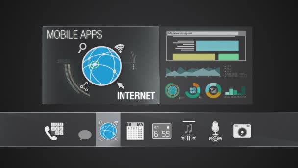 Ikona Internetu pro obsah mobilních aplikací Různé funkce aplikace pro inteligentní zařízení. Aplikace pro digitální zobrazení. — Stock video