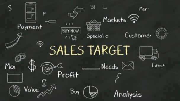 Handschrift concept van ' Sales target ' op krijtbord. met verschillende diagrammen. (opgenomen alpha) — Stockvideo