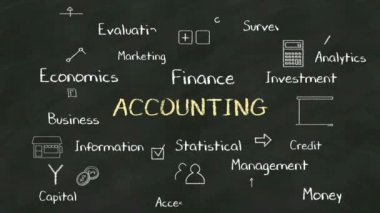 Tebeşir tahtasında 'Muhasebe' el yazısı kavramı. çeşitli diyagram ile. (alfa dahil)