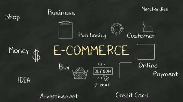 Koncepcja pisma ręcznego "E-commerce" w Chalkboard. z różnych schematów. (w zestawie alfa) — Wideo stockowe