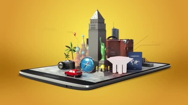 都市旅行アプリケーションでは、夏休みの旅行、スマート ped、モバイル、スマート フォンでツアーの準備に触れた。(含まれているアルファ) — ストック動画