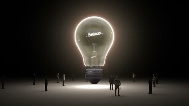 Překlep "Podnikání" v žárovky a obklopený podnikatelů, inženýři, myšlenka koncept verze (zahrnuty alfa) — Stock video