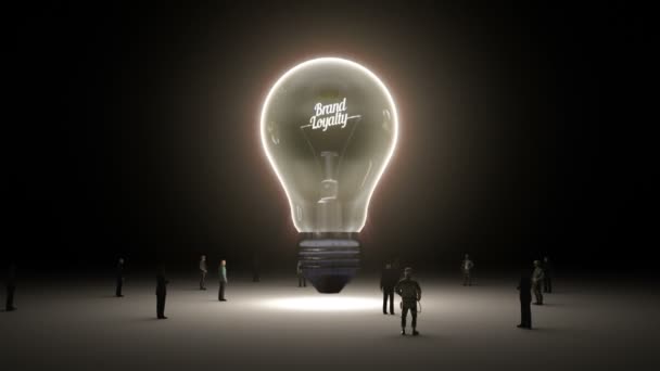 Typo  'Brand loyalty' in light bulb and surrounded businessmen, engineers, idea concept version (included alpha) — Stock Video