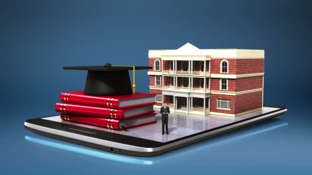 Frais d'études prêt, école, collage, bâtiment du campus universitaire sur téléphone intelligent, smart pad, mobile . — Video