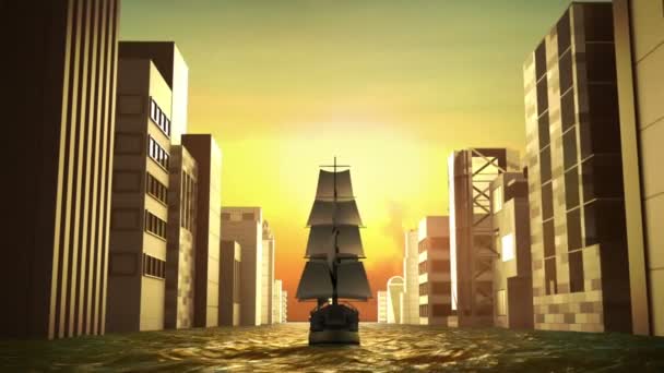 Zeilboot door de zee en make stad zakelijke gebouw. visie, strategie markering. (inclusief alpha) — Stockvideo