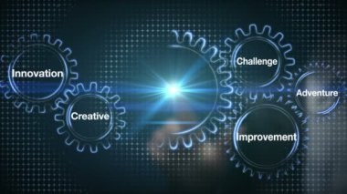 Gear with keyword, challenge, innovation, creative, adventure, improvement. Businessman touch screen 'SUCCESS'
