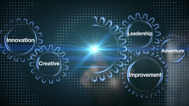 Gear with keyword, Leadership, Innovation, Creative, Adventure, Improvement. Businessman touch screen 'SUCCESS' — Αρχείο Βίντεο