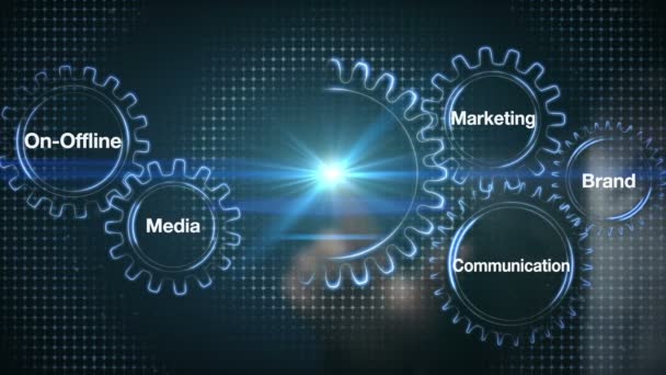 Gear with keyword, On-Offline, Media, Brand, Marketing, Communication. Businessman touch screen 'CUSTOMER ENGAGEMENT ' — Stock videók
