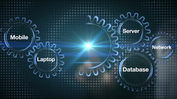 Engrenagem com palavra-chave, Celular, Laptop, Servidor, Rede, Banco de Dados. Tela sensível ao toque do empresário "CLOUD COMPUTING" — Vídeo de Stock