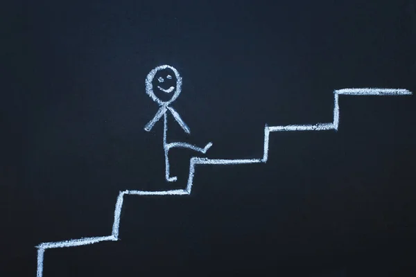 the drawn man on the chalk board climbs up step by step to the top of career stairs. copy space