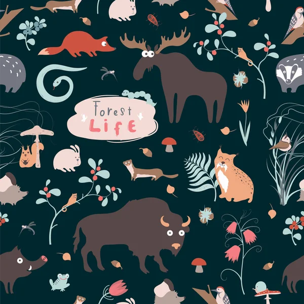 かわいい面白いベクトル森林動物シームレスなテクスチャ — ストックベクタ