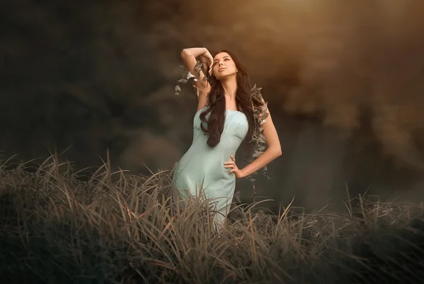 Fantasía cuento de hadas y hermosa mujer - ninfa de madera entre la hierba alta, rayos de luz . — Foto de Stock