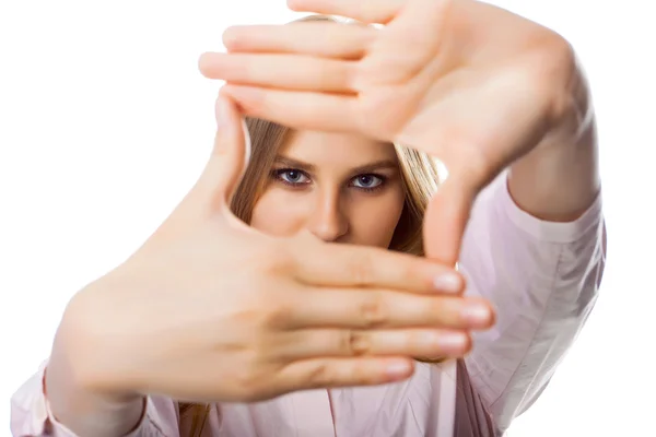 Biznes kobieta Wyświetlono oprawy dłoń ruch ręka na białym tle — Zdjęcie stockowe