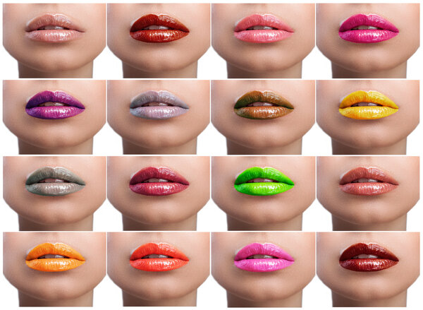 Collage of colored lips on a white background