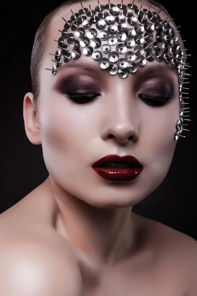 Close-up portrait of a beautiful girl with bright makeup and spi — Stock Photo, Image