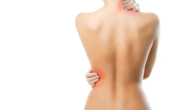 Girl with a sore back and neck. sekuaslnaya girl on a white back — Stock Photo, Image