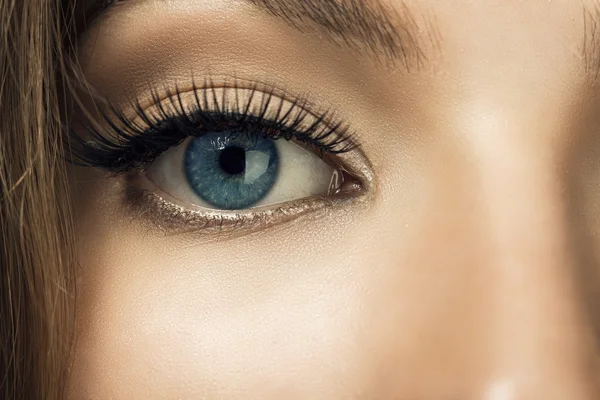 Imagen macro del ojo humano. Bonito ojo. Mujer joven. . —  Fotos de Stock