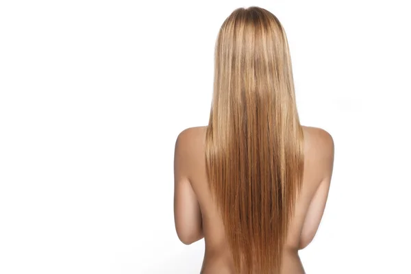 Long hair on the back of a beautiful girl on a white background — Stock Photo, Image