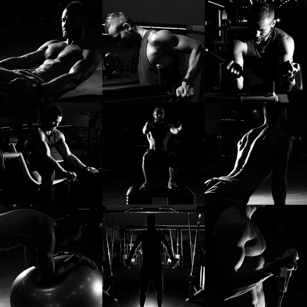 Collage of different bodybuilders images in gym. Beautiful man b — Stock Photo, Image