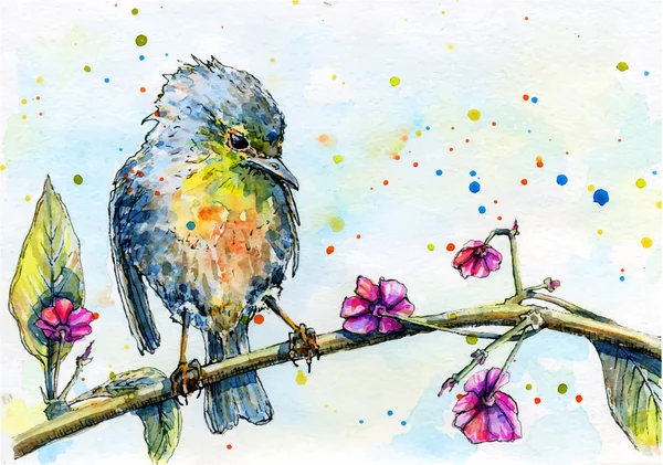 Uccello seduto su un albero in fiore — Vettoriale Stock