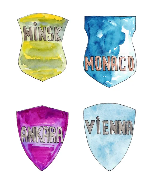 Escudos de acuarela con nombres de ciudades — Vector de stock