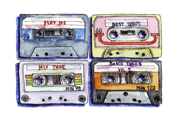 Aquarel illustratie van tape cassettes — Stockfoto