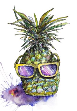 Ananas güneş gözlüğü suluboya çizimi