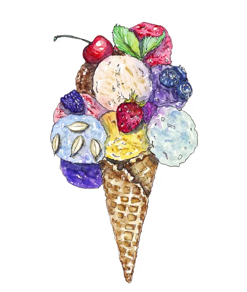 Ilustración en acuarela de un cono de helado — Foto de Stock