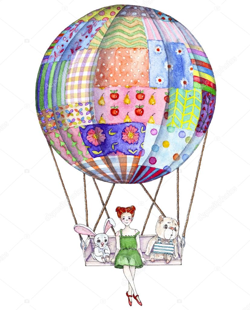 Girl with toys in air balloon from patchwork blanket
