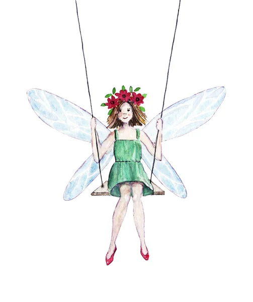 Watercolor illustration of a fairy on a swing — Stock Photo, Image