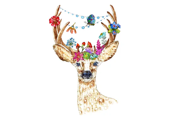 獐鹿与花的插图 — 图库照片