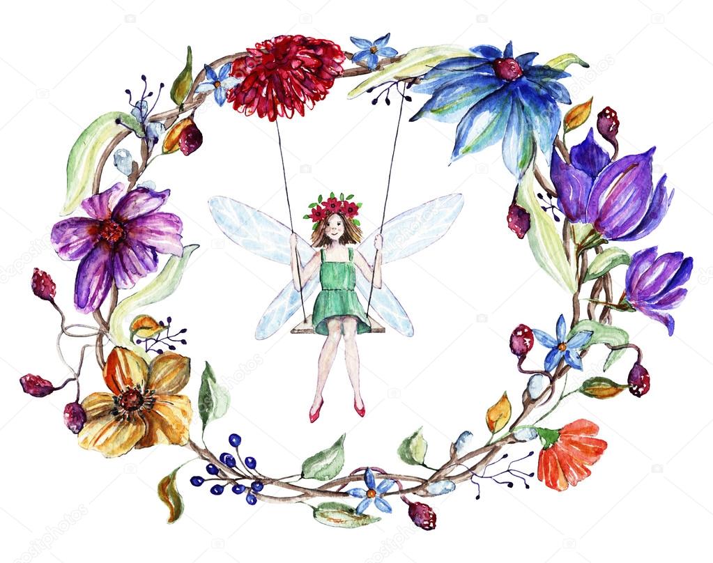 Watercolor flowers wreath and a fairy on a swing