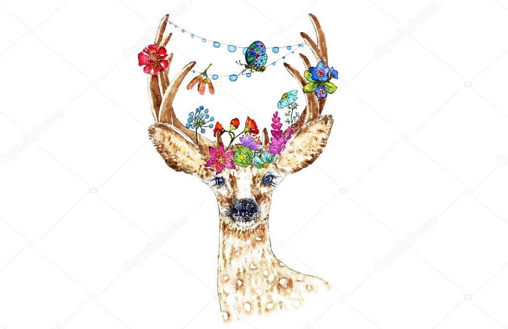 Illustration of roe deer with flowers