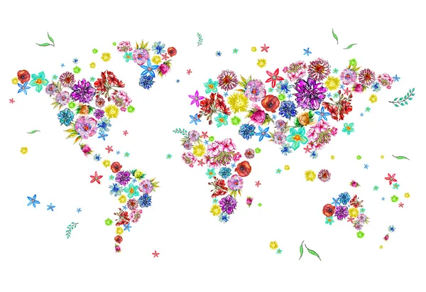 Acuarela ilustración del mapa del mundo en flores —  Fotos de Stock
