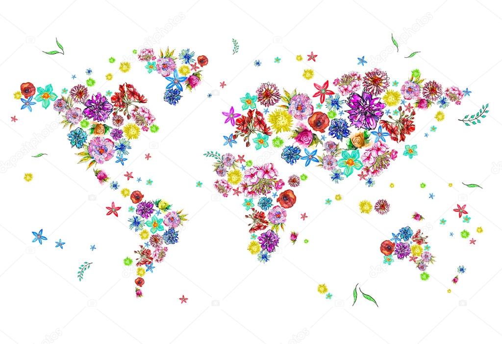 Watercolor illustration of world map in flowers