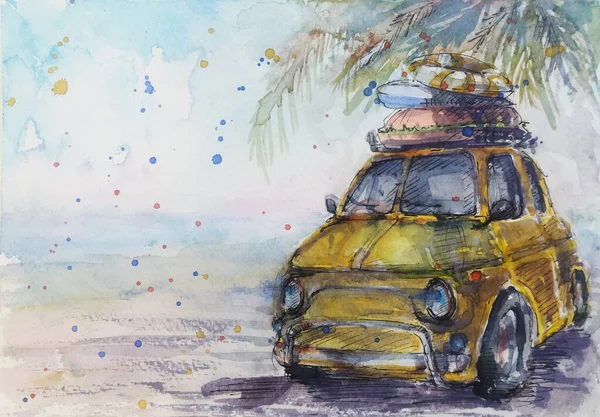 Acuarela Pintada Mano Ilustración Coche Playa —  Fotos de Stock