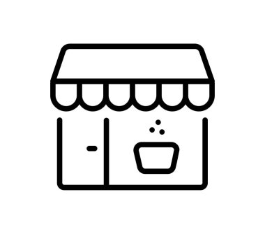 Kahve dükkanı, kahve makinesi ikonu, vektör düz siyah taslak çizim