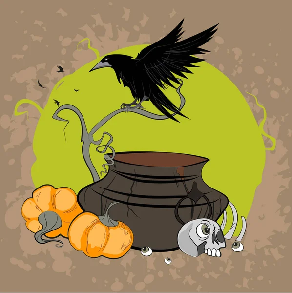 Плакат Стиле Праздника Зло Хэллоуин Медный Горшок Кипящей Водой Шляпой — стоковый вектор