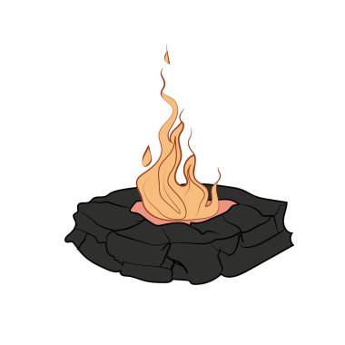 Kamp ateşinin çizgi film ikonu. Ağaç kütükleri ve sıcak alevler. Oyun. Ayrıntılı düz vektör çizimi. Vektör illüstrasyonu