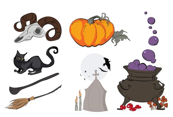 Gyűjtemény Halloween Szimbólumok Ikon Beállítva Sötét Háttérrel Boldog Halloweeni Üzenetet — Stock Vector