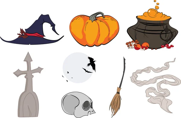Gyűjtemény Halloween Szimbólumok Ikon Beállítva Sötét Háttérrel Boldog Halloweeni Üzenetet — Stock Vector