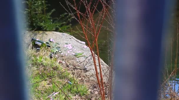 Basura cerca de la valla — Vídeos de Stock