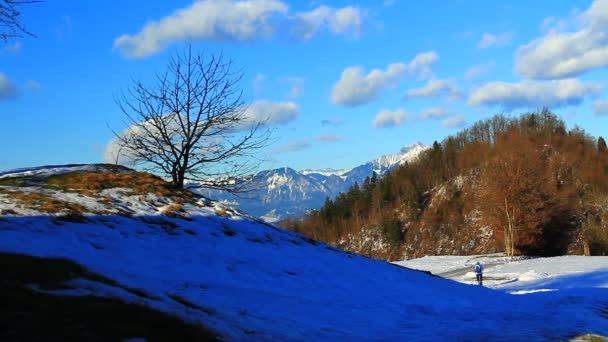Зимний пейзаж с людьми — стоковое видео