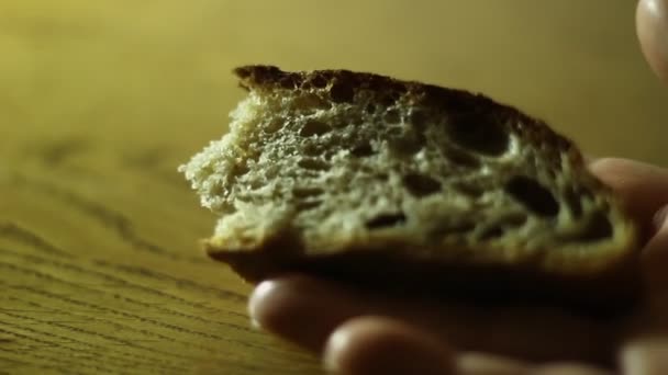 Hand met brood — Stockvideo